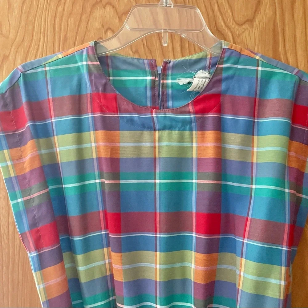 Vintage plaid picnic dress, blue & red with matching belt, side buttons, medium - Picture 3 of 10